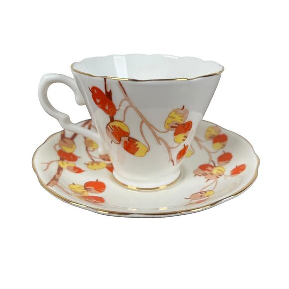 Gladstone Bone China Cup Saucer England Persimmon Fruit Scalloped Rim Gilded - Picture 3 of 14